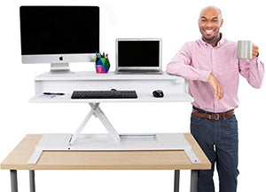 Flexpro Power 40 Inch Electric Standing Desk | 2 Level Electric Standing Desk Converter with Keyboard Shelf & Monitor Riser | Large Dual Level Sit to Stand Workstation Holds 2 Monitors (White/40)