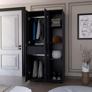 FM Furniture Bethel Armoire Closet with 1-Drawer, 4 Doors, 4 Open Storage Cabinets and 2 Hanging Rods, Black