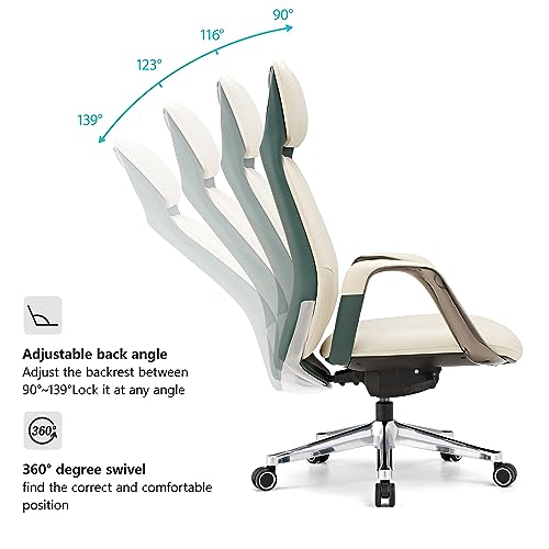 EUREKA ERGONOMIC Genuine Leather High Back Office Chair with Arms & Aluminum Base, Beige