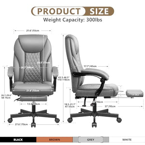 BestEra Executive Office Chair Big and Tall High Back Ergonomic Leather Chair with Footrest, Adjustable Height, Lumbar Support - Gray