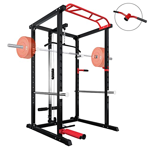 ER KANG Olympic Power Cage, 1000 lbs Light Commercial Weight Cage with LAT Pull-Down Pulley System, 360 Degree Landmine, Dip Bars and Other Attachments