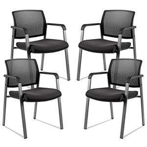 CLATINA Mesh Back Stacking Arm Chairs with Upholstered Fabric Seat - Black 4 Pack Set