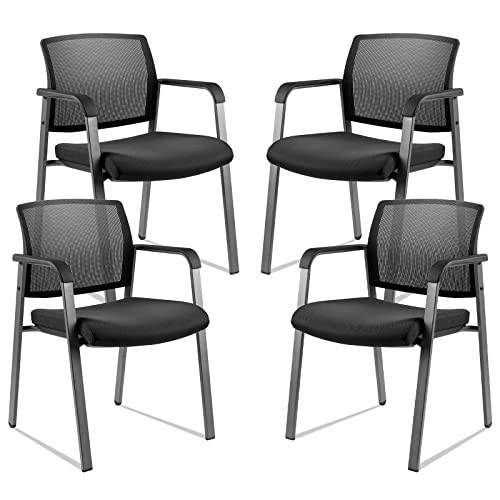 CLATINA Mesh Back Stacking Arm Chairs with Upholstered Fabric Seat - Black 4 Pack Set