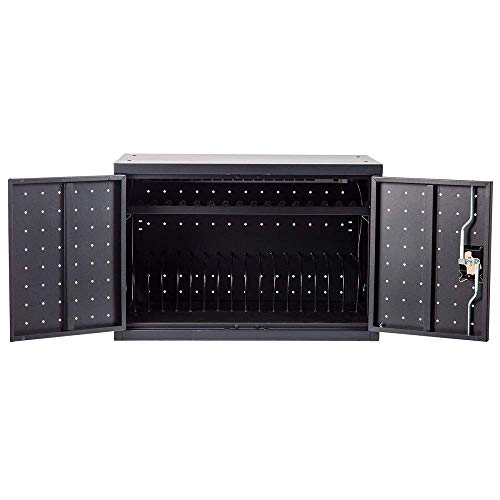 Pearington 16 Device Portable Table Top Charging and Storage Cabinet for iPads, Chromebooks and Laptop Computers, Up to 17-inch Screen Size, Bonus Shelf, Side Handles, Locking Front Door, Cable Clips