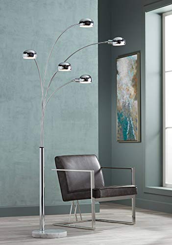 Possini Euro Design Modern Mid Century Arched Floor Lamp 5-Light 78" Tall Chrome Silver Metal Marble Base - Swivel Dome Shade - Living Room Reading Bedroom Decor