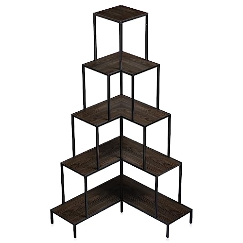 BELLEZE 5-Tier Corner Bookshelf with RGB Light, Remote Control - 66" Tall L-Shaped Bookcase - Gray