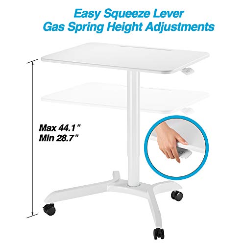 AVLT 44" Pneumatic Laptop Standing Desk Cart (3 ft 8 in) - Mobile Rolling Desk - Computer Projector Cart - Rolling Height Adjustable Folding Desk - Mobile White Cart with Brake Casters