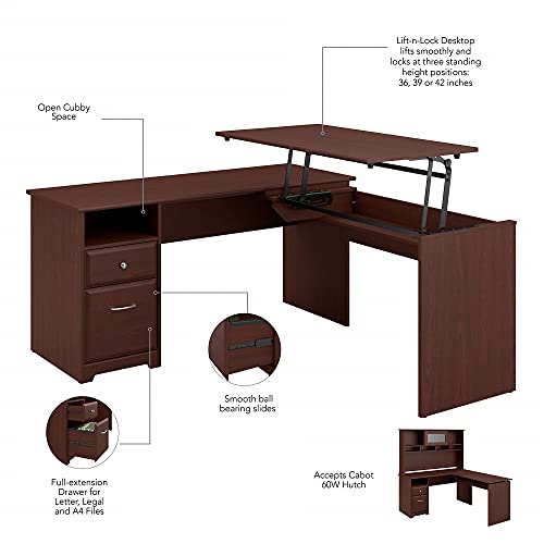 Bush Furniture Cabot 60W 3 Position L Shaped Sit to Stand Desk in Harvest Cherry