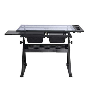 Glass Drafting Table Art Desk with Storage Drawer, Adjustable Tabletop Tilting & Height Black Laptop Desk for Living Room Bedroom Study
