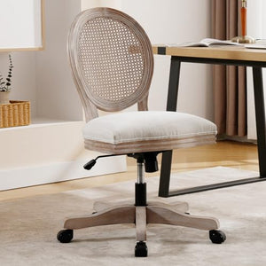 LukeAlon Rattan Back Linen Office Chair with Adjustable Height and Swivel Function