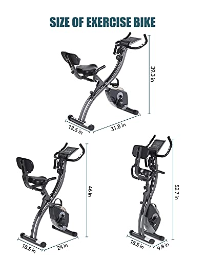 Exercise Bike Folding Stationary Bike Magnetic Recumbent 3-in-1 Cycling Slim Bike with Arm Resistance Bands & LCD Monitor for Men and Women Indoor Outdoor, black, 32 x 19 x 39 inches