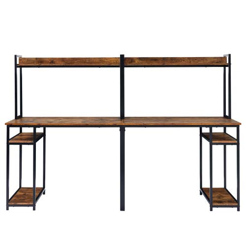 Home Office Double Workstation Desk, Two Person Computer Desk with Storage, Spacious Tabletop, Multifunction Writing Desk with Shelf（Brown）