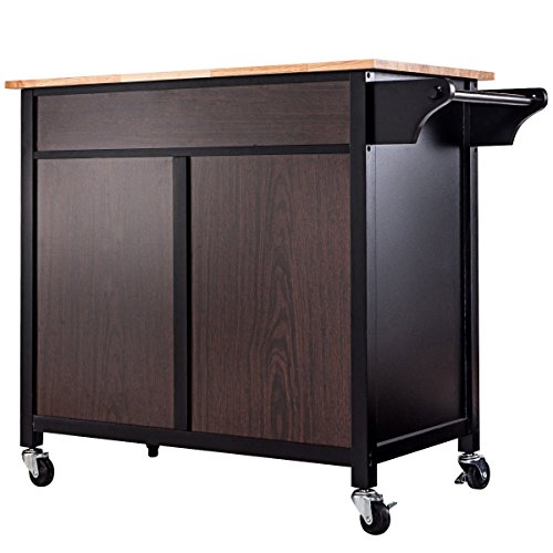 CHEFJOY Kitchen Rolling Cart w/ 2 Drawers 2-Door Cabinet Adjustable Shelf Wood Top Island Serving Utility Storage Cart w/Lockable Wheels Towel Rail Handle (Dark Brown)