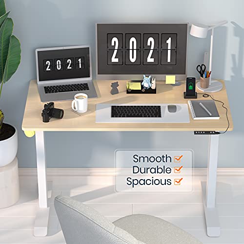 Electric Adjustable Height Standing Desks for Home Office, 48 x 24 Inches Splice Board, Sit Stand Computer Desk, White Frame/Oak Top