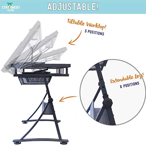 KOUBE Drafting Table Desk, Drafting Table for Artists with Drawers and Stool Glass Top Adjustable Height Angle Tabletop Tilted Art Craft Work Station for Home Office Working