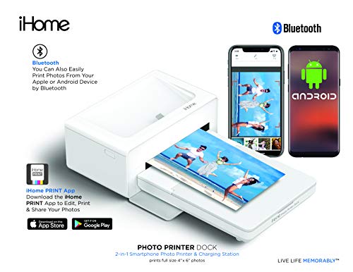 iHome® Photo Printer Dock, Full Size 4x6 inch Printouts (White)