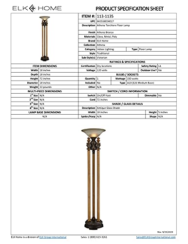 Diamond Athena Torchiere Floor Lamp, Bronze, 18W X 18D X 72H