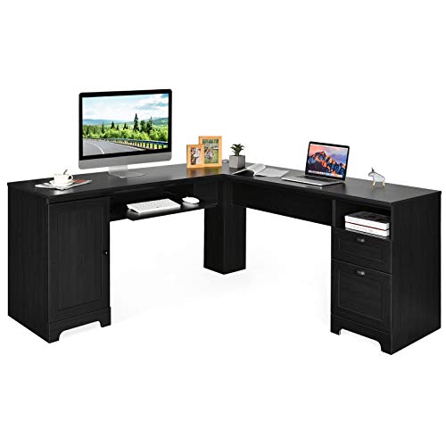 Tangkula L-Shaped Desk, 66" × 66" Corner Computer Desk with Drawers and Storage Shelf, Home Office Desk, Sturdy and Space-Saving Writing Table, Black