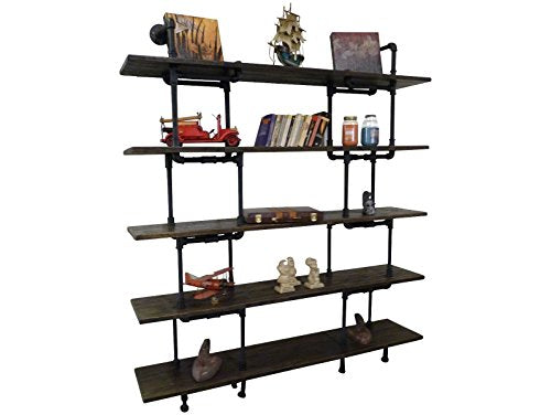 Eugene Modern Industrial 71-Inch Tall x 64-Inch Wide Large Storage 5-Shelf Pipe Bookcase Etagere Metal And Reclaimed Aged Finish With Sustainable Solid Wood (Dark Brown Stained wood)