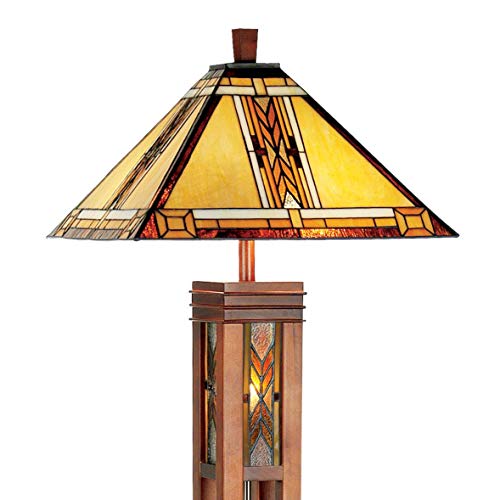 Mission Floor Lamp with Nightlight Walnut Wood Column Stained Glass Shade for Living Room Reading Bedroom - Robert Louis Tiffany
