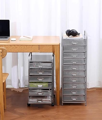 WAHHWF Rolling File Cabinet with Drawers, Metal Mesh Craft Cart Organizer with Wheels - Silver, 9 Drawers