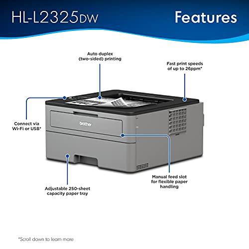 Brother HL-L2325DWB Compact Monochrome Single Function Laser Printer with Duplex and Wireless Printing for Business Office, Fast Print Speed 26ppm, 2400 x 600 dpi, 250-sheet, CBMOUN Printer Cable