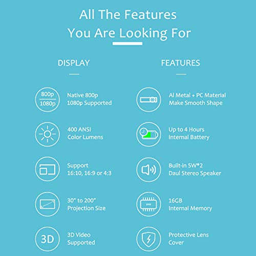 Portable Projector WOWOTO P5 Mini Projector, 400 ANSI Lumen Smart DLP 3D Projector, Support HD 1080p, 200’’ Picture, Built-in Battery, 4 Hours Playtime, Android OS Support Bluetooth, Wi-Fi Connection