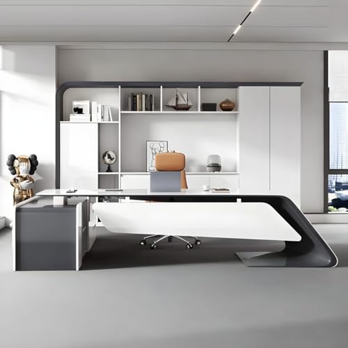 KWOKING L-Shape Executive Desk with Drawers & Shelving in White - 71" x 63