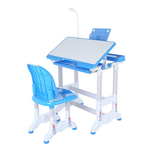 Student Desk and Chair Set - Height Adjustable Student Study Desk for Home Schooling with Storage Drawer/LED Light/Reading Board - Kids Interactive Workstation