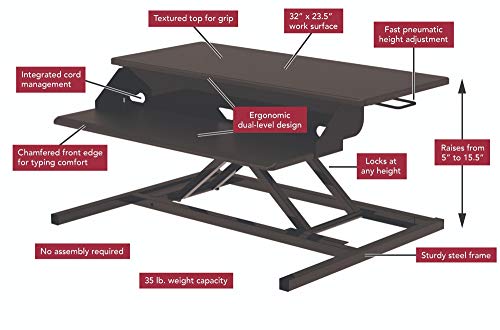 Luxor 2-Tier Height-Adjustable Pneumatic Lift Standing Desk Converter with Keyboard Tray and Built-in Cable Management - Black