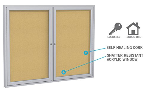 Ghent 36"x72"   3-Door indoor Enclosed Bulletin Board , Shatter Resistant, with Lock, Satin Aluminum Frame  - Natural Cork (PA33672K)  Malde in the USA