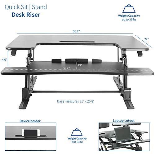 VIVO Black Height Adjustable 36 inch Stand Up Desk Converter Workstation, Quick Sit to Stand Tabletop Monitor Riser with Extra Large Keyboard Tray, DESK-V000V2