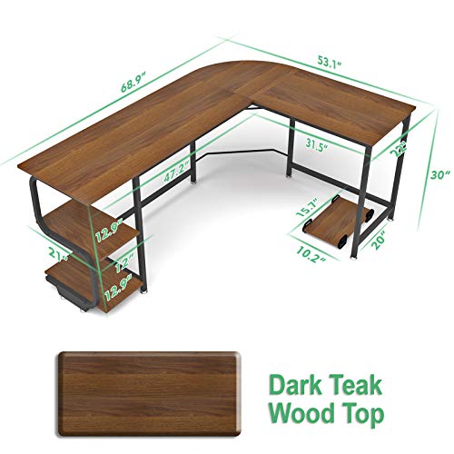 Teraves Reversible L Shaped Desk with Shelves Round Corner Computer Desk Gaming Table Workstation for Home Office