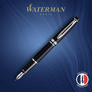 Waterman Expert Fountain Pen, Matte Black with Chrome Trim, Fine Nib with Blue Ink Cartridge, Gift Box