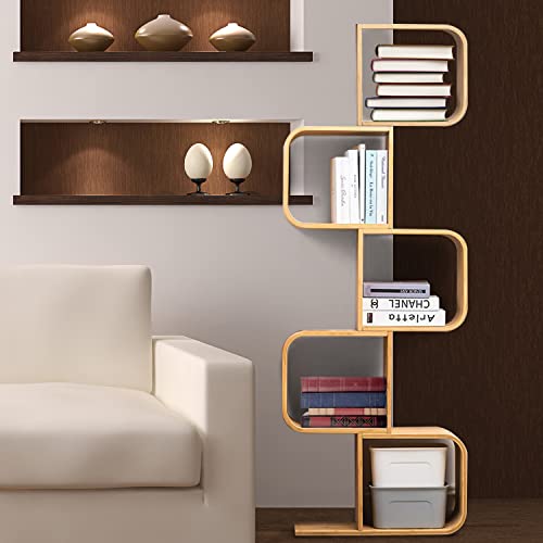 Briteman 5-Tier S-Shaped Geometric Bamboo Bookshelf - Large Capacity Creative Display Rack & Bedside Table 2 in 1 - Bookcase Storage for Home, Office, Living Room