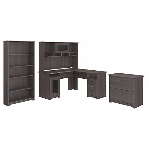 Cabot L Shaped Desk with Hutch, Lateral File Cabinet and 5 Shelf Bookcase
