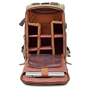 ZOYE Vintage Batik Canvas + Leather Photo Bag Outdoor Travel Spacious Backpack Padded Photography SLR Camera Bag Men's Canvas, Travel Backpack Rucksack School Bag