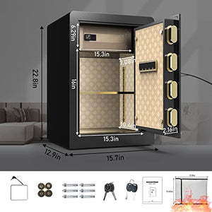 2.2 Cub Large Home Safe Fireproof Waterproof, Security Safe Box with Fireproof Waterproof Money Bag, with Digital Keypad and Key Lock, Built In Cabinet Box, Double Keys, Removable Shelf for Jewelry, Documents