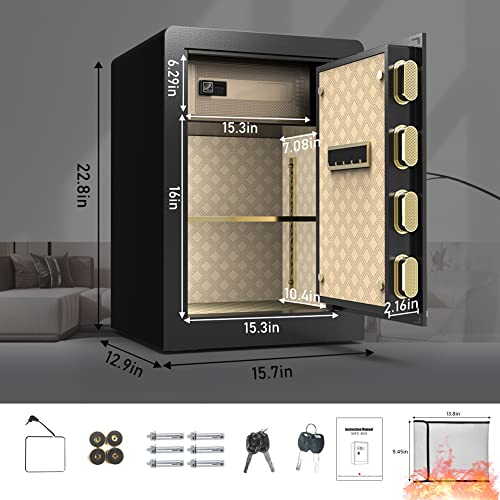 2.2 Cub Large Home Safe Fireproof Waterproof, Security Safe Box with Fireproof Waterproof Money Bag, with Digital Keypad and Key Lock, Built In Cabinet Box, Double Keys, Removable Shelf for Jewelry, Documents