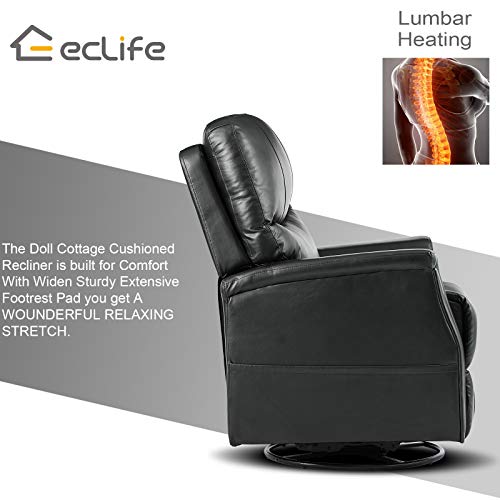 eclife Massage Recliner Chair with Lumbar Heating, 360 Degree Swivel& Rocking, Ergonomic Lounge Chair, Reclining Sofa for Living Room, Side Pocket， Remote Control (Black + PU, Swivel+Rocking)