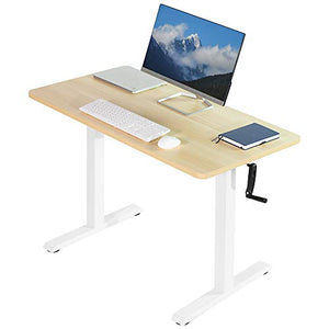 VIVO Manual Height Adjustable 43 x 24 inch Stand Up Desk, Light Wood Solid One-Piece Table Top, White Frame, Standing Workstation with Hand Crank, DESK-KIT-CW4C