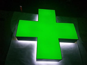 Green Medical Cross, Hybrid LED Lit with Halo Lighting, Outdoor/Indoor - Weather Resistant, Storefront Sign. Installation Template and Power Supply Included. (24 Inches)