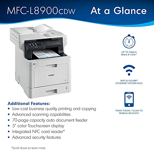 Brother MFC-L8900CD Wireless All-in-One Color Laser Printer for Office - Print Copy Scan Fax - 33 ppm, 2400 x 600 dpi, 5" Touchscreen Display, Auto Duplex Printing, 70-Sheet ADF, BROAGE Printer Cable