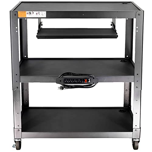 POCHAR Extra Large 3 Tier Rolling Cart with Power Strip - Heavy Duty Utility Cart - 14 Gauge 2mm Durable - Supports Up to 300 LBs - Black