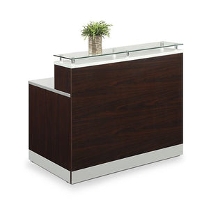 Esquire Glass Top Reception Desk 48"W x 32"D Mahogany Laminate/Silver Laminate Desktop Kickplate and Accents/Glass Top