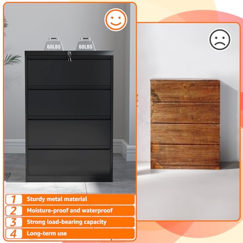 METAN Lateral 4 Drawer File Cabinet, Locking Steel, Black