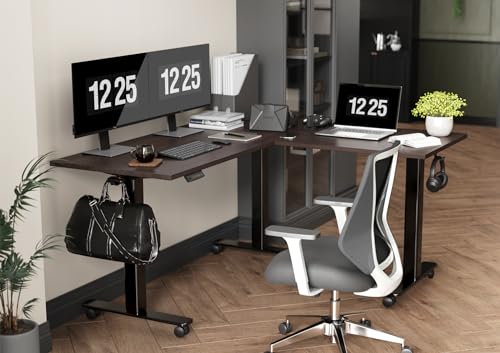 INNOVAR Bamboo Triple Motor L Shaped Standing Desk, 63 x 55 inch, Adjustable Height, Brown Bamboo Top