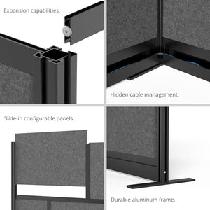 S Stand Up Desk Store Workflow Modular Wall | 70in x 70in | Expandable Room Divider with Whiteboard, Acrylic Panels, Sound Absorbent Panels - Black Frame