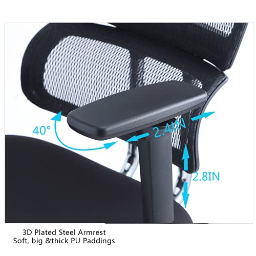 Ticova Ergonomic Office Chair - High Back Desk Chair with Elastic Lumbar Support & 3D Metal Armrest - 130°Reclining & Rocking Mesh Computer Chair with Thick Seat Cushion & Rotatable Headrest