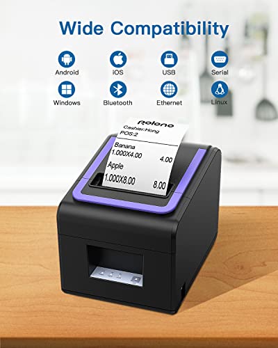 Receipt Printer, 3 1/8" 80mm POLONO PL330 Direct Thermal Receipt Printer, 300mm/s Bluetooth Receipt Printer with Auto-Cutter for ESC/POS Compatible with Windows Android iOS Bluetooth Serial USB